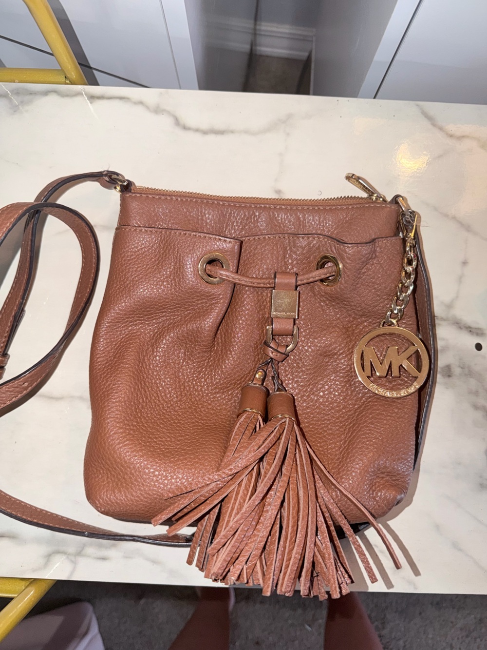Michael Kors Chestnut Brown Pebbled Leather Tassel Crossbody